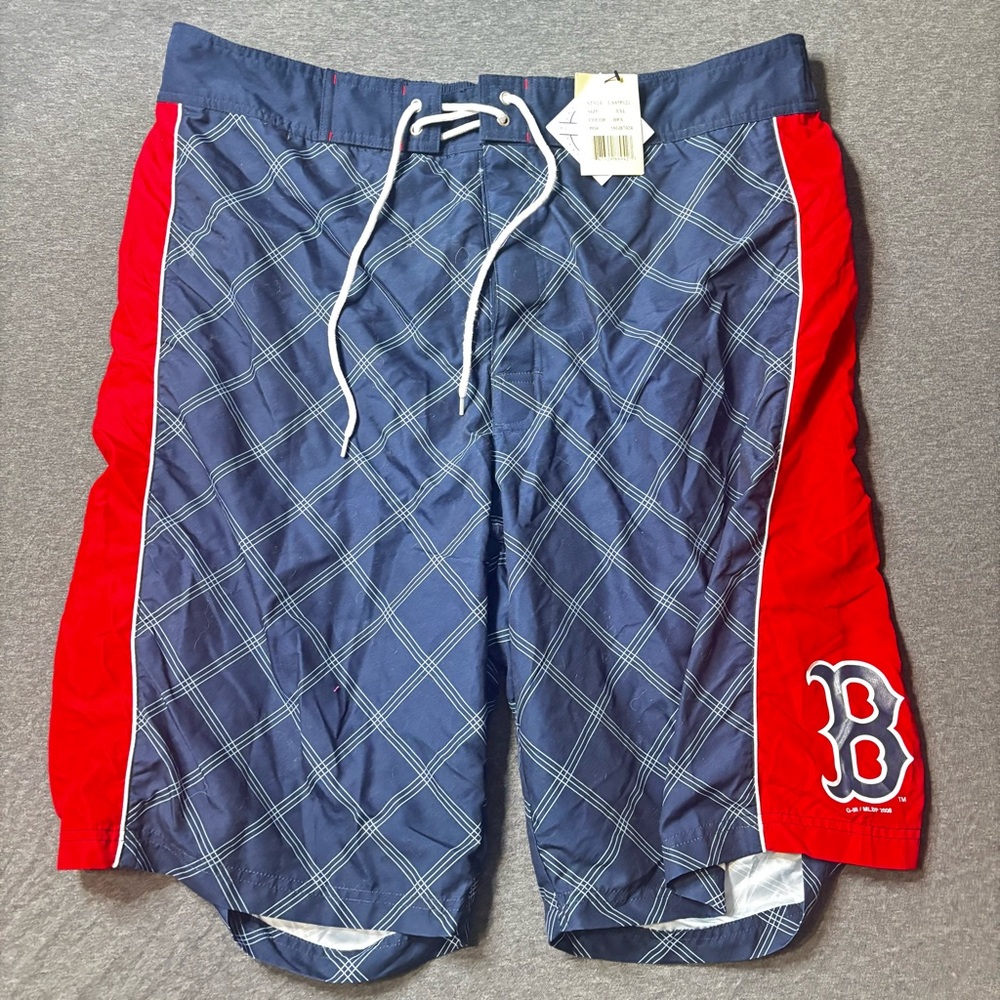 MLB Boston Red Sox Mens XXL Board Shorts Blue Red Plaid Swim‎ Trunks LA85P121